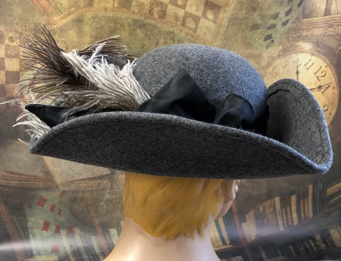 Hand-Blocked Gray Tricorn with Ostrich Feathers  - In Stock ready to ship