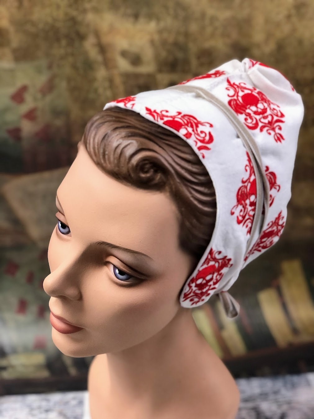 Scarlet Skull: Pirate Damask Embroidered Coif - In Stock, Ready to Ship