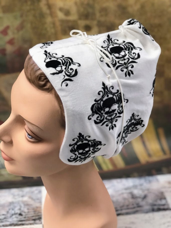 Midnight Menace: Black Damask Pirate Skull Coif - In Stock, Ready to Ship